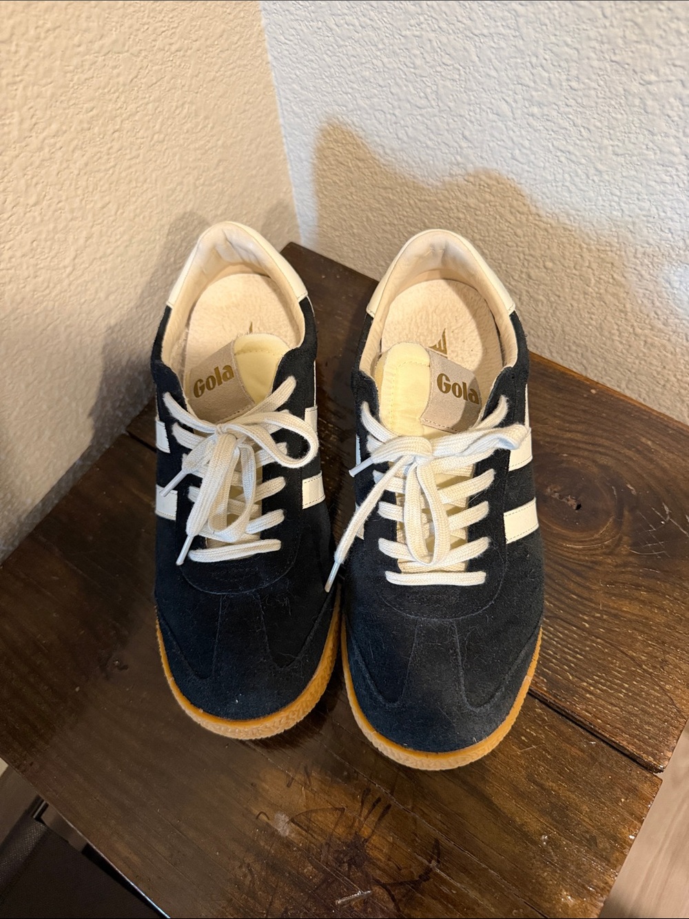 Gola Navy Suede Sneakers with Cream Stripes and Gum Sole